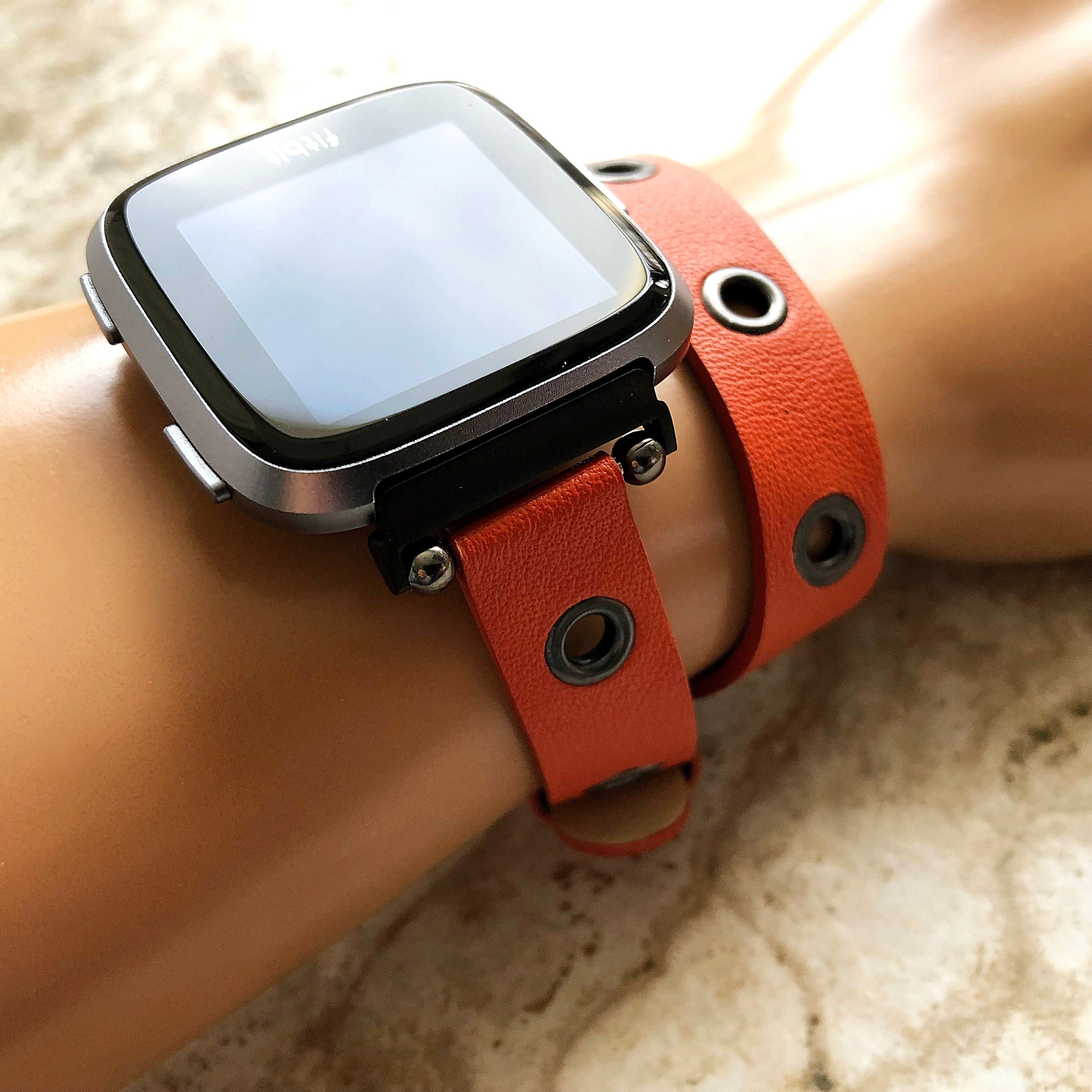 Fitbit Grommets Band for Versa 2 3 4 Sense 2 Orange Eco Leather Watch Strap Double Wrap Around Wrist Bracelet Silver Rose Gold Black Buckle